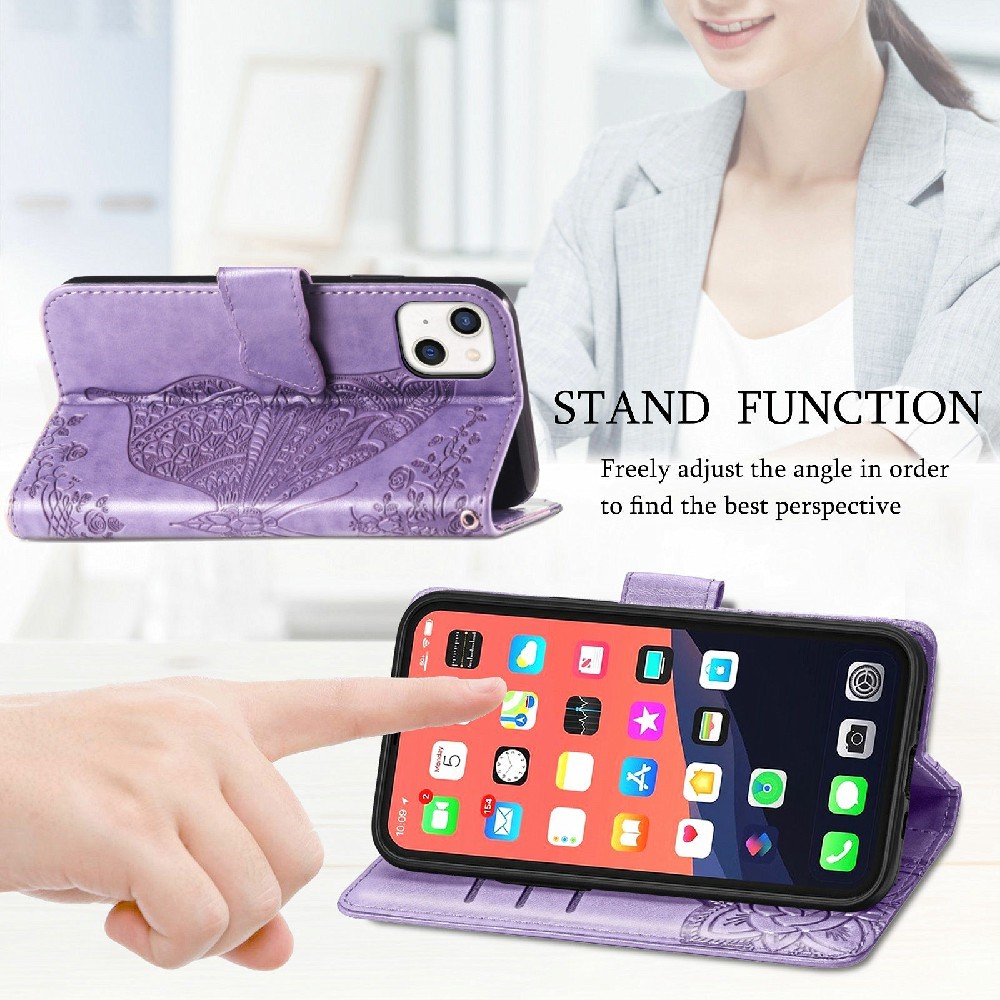  iPhone 13 - Butterfly Print Läder Fodral - Lila