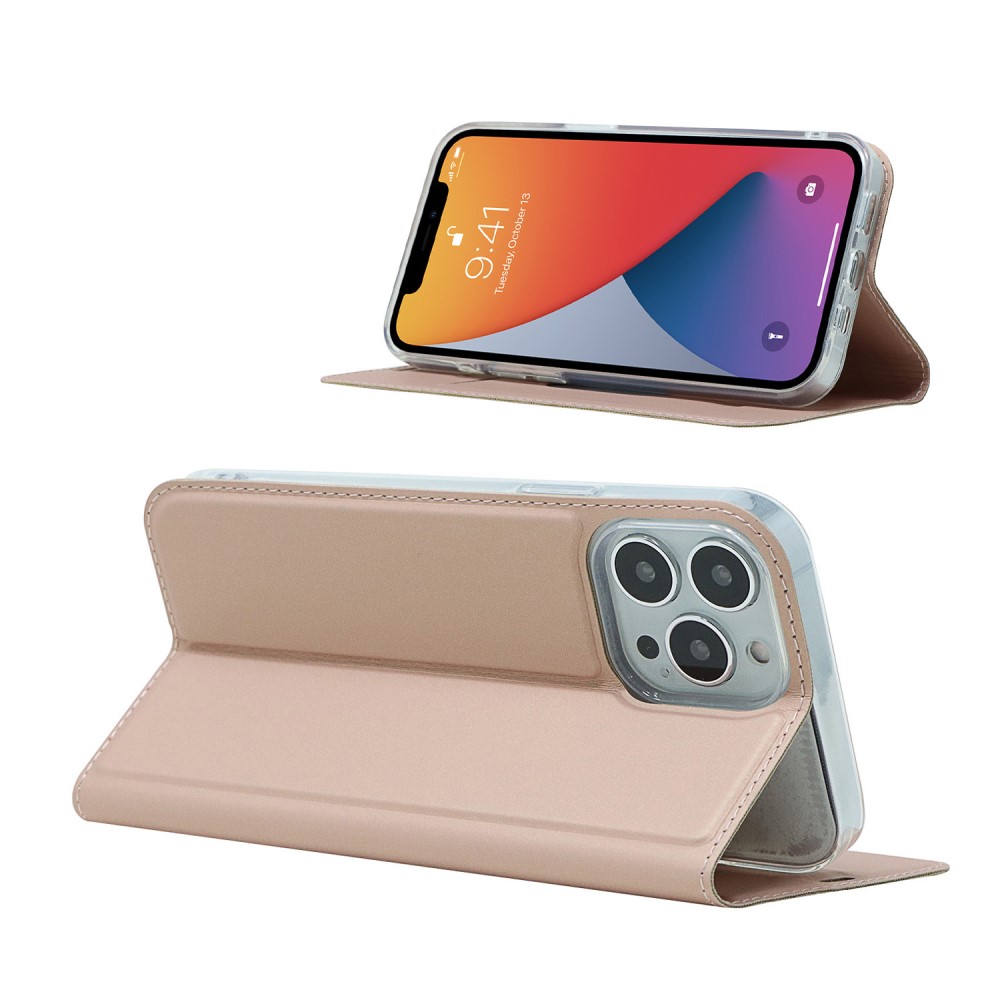  iPhone 13 Pro - Silkeslent Läder Flip Fodral - Roséguld