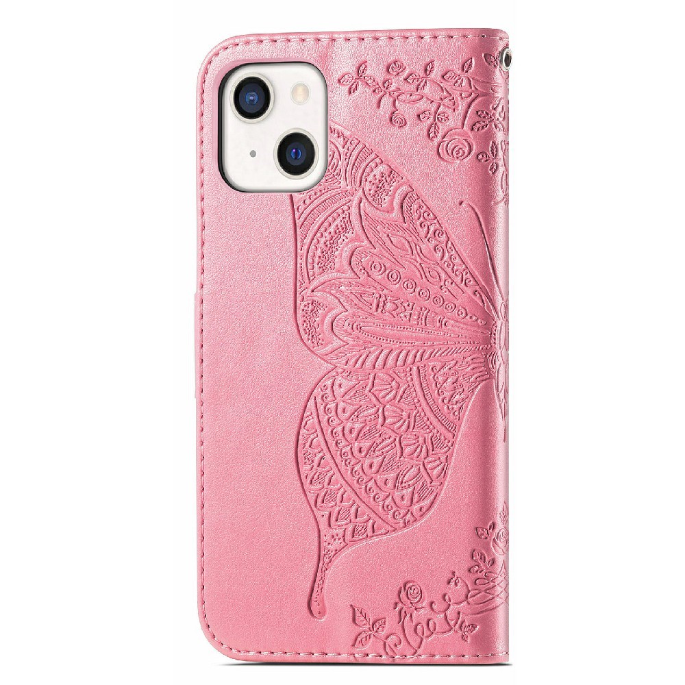  iPhone 13 Mini - Butterfly Tryckt Läder Fodral - Rosa