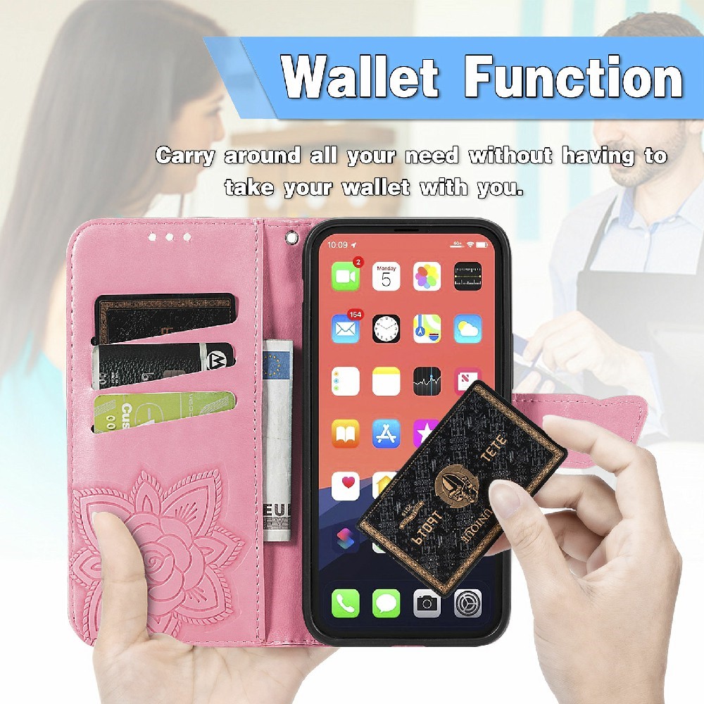 iPhone 13 Mini - Butterfly Tryckt Läder Fodral - Rosa