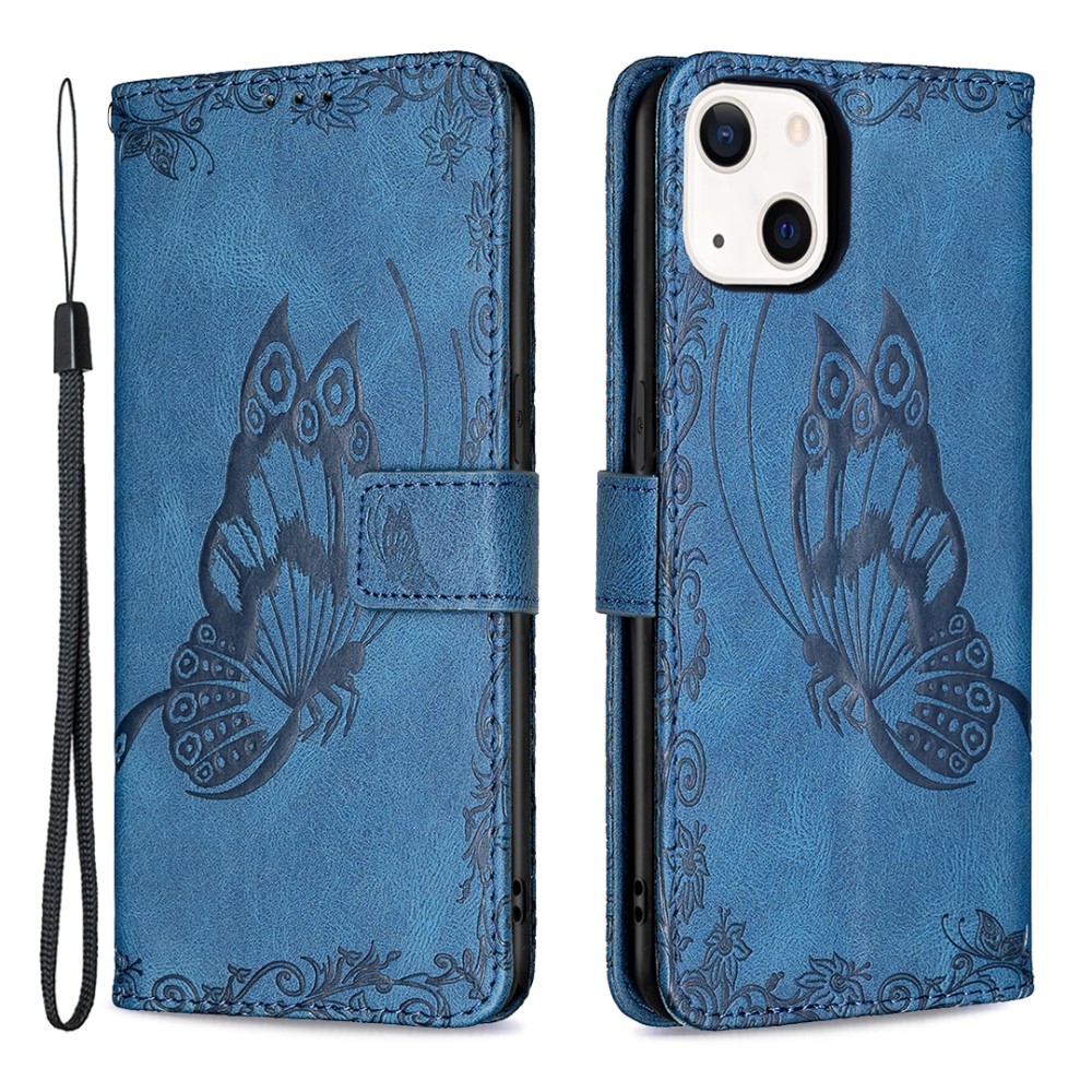  iPhone 13 Mini - Fjäril Tryck Läder Fodral - Blå