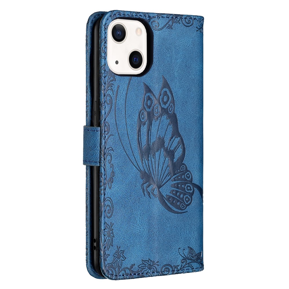  iPhone 13 Mini - Fjäril Tryck Läder Fodral - Blå