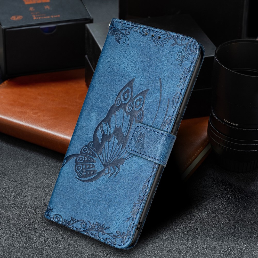  iPhone 13 Mini - Fjäril Tryck Läder Fodral - Blå