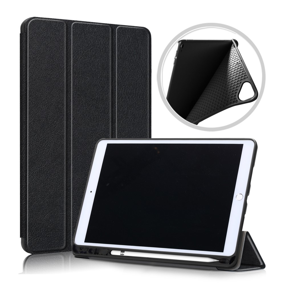  iPad 10.2 2019/2020/2021 Fodral Läder Tri-Fold Pennhållare Svart
