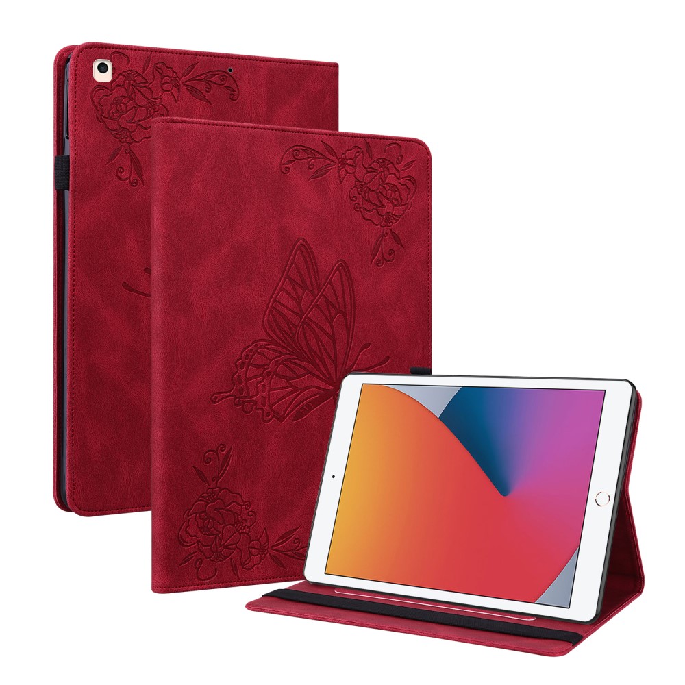  iPad 10.2 2019/2020/2021 Fodral Butterfly Flower Röd