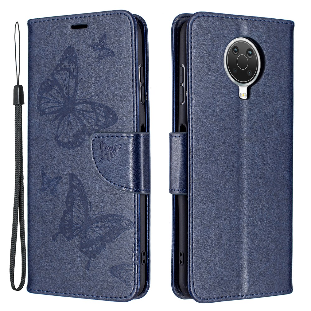  Nokia G10 / G20 Fodral Tryckt Butterfly Läder Mörk Blå