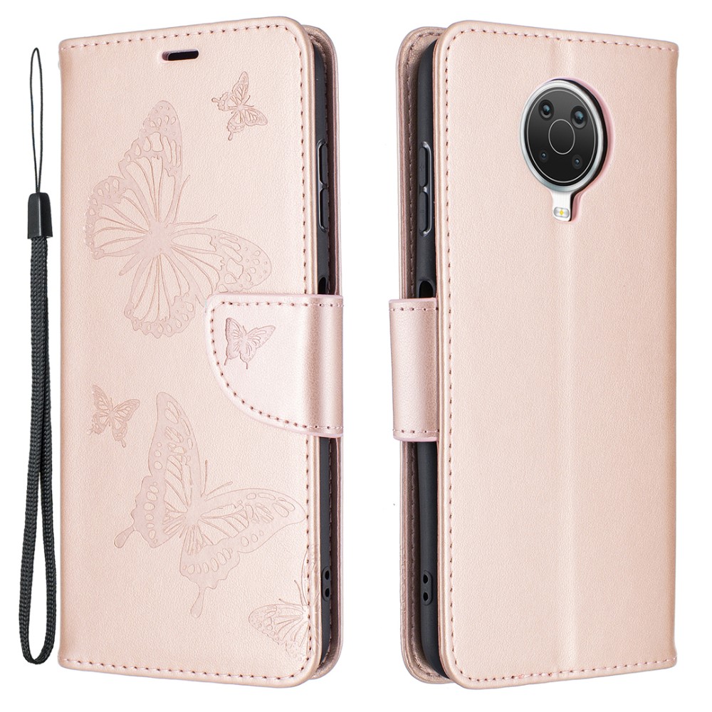  Nokia G10 / G20 Fodral Tryckt Butterfly Läder Roséguld