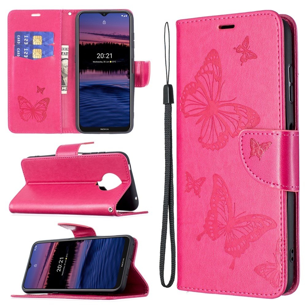  Nokia G10 / G20 Fodral Tryckt Butterfly Läder Rosa