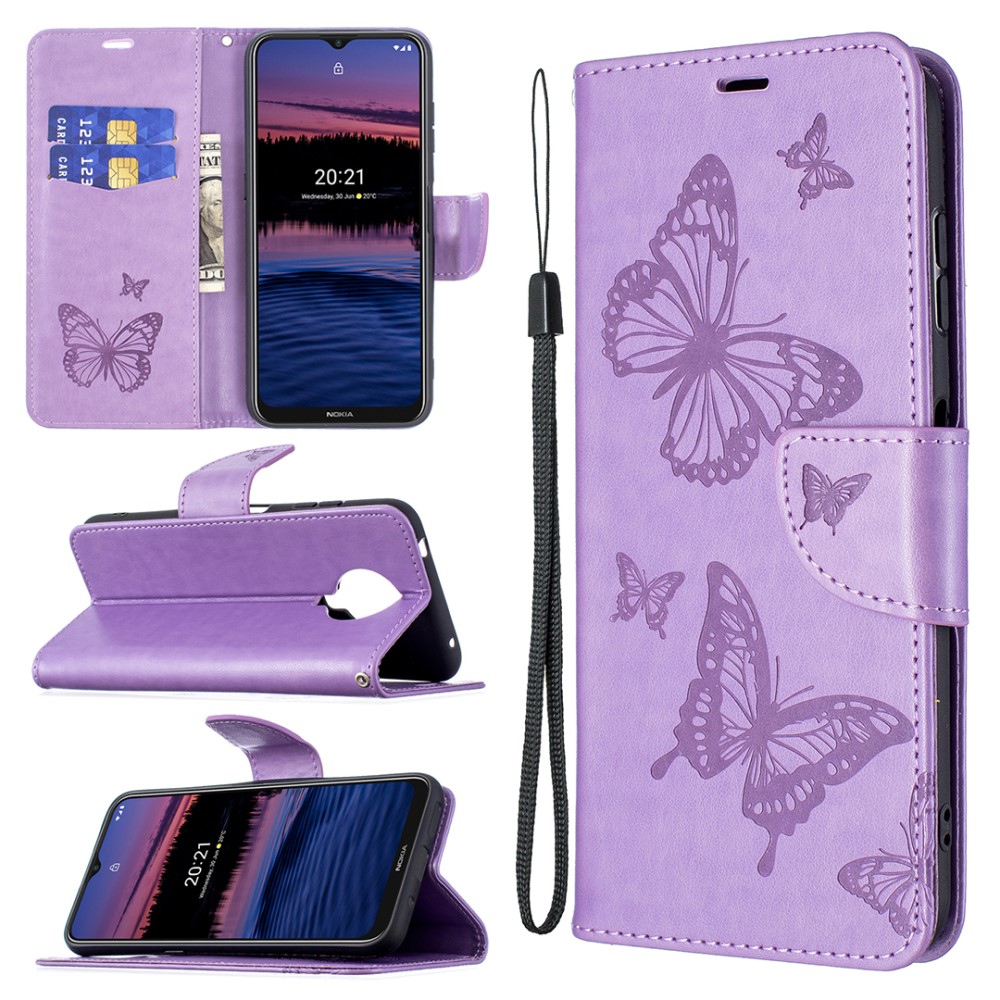  Nokia G10 / G20 Fodral Tryckt Butterfly Läder Lila