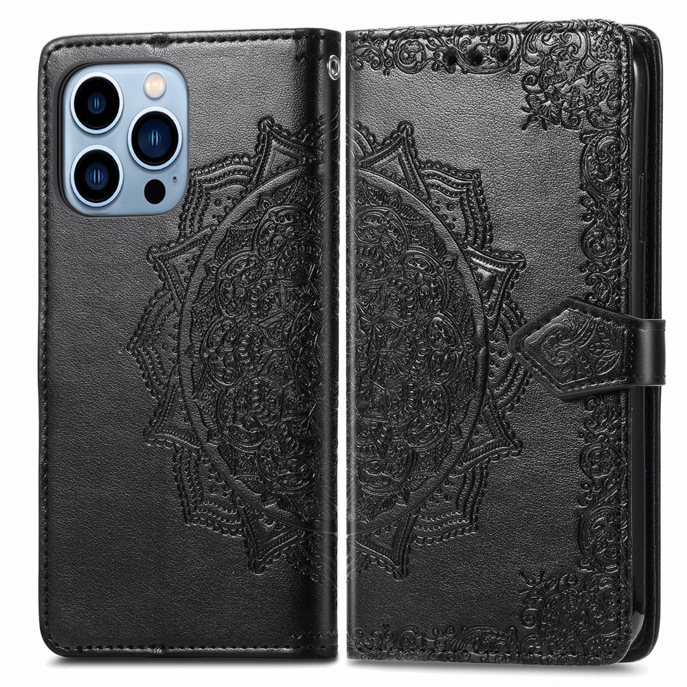  iPhone 13 Pro Max Fodral Mandala Textur Läder Svart