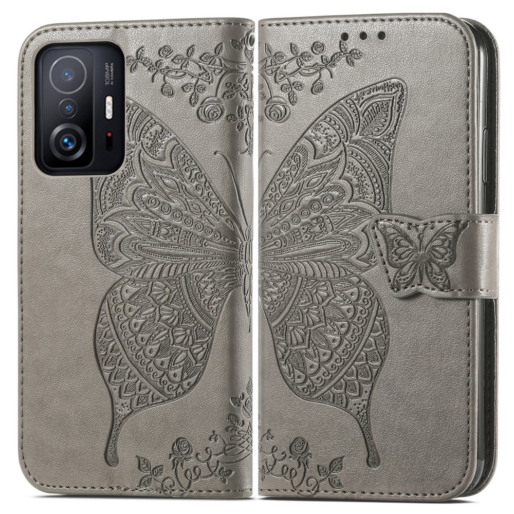  Xiaomi 11T / 11T Pro Fodral Läder Butterfly Grå
