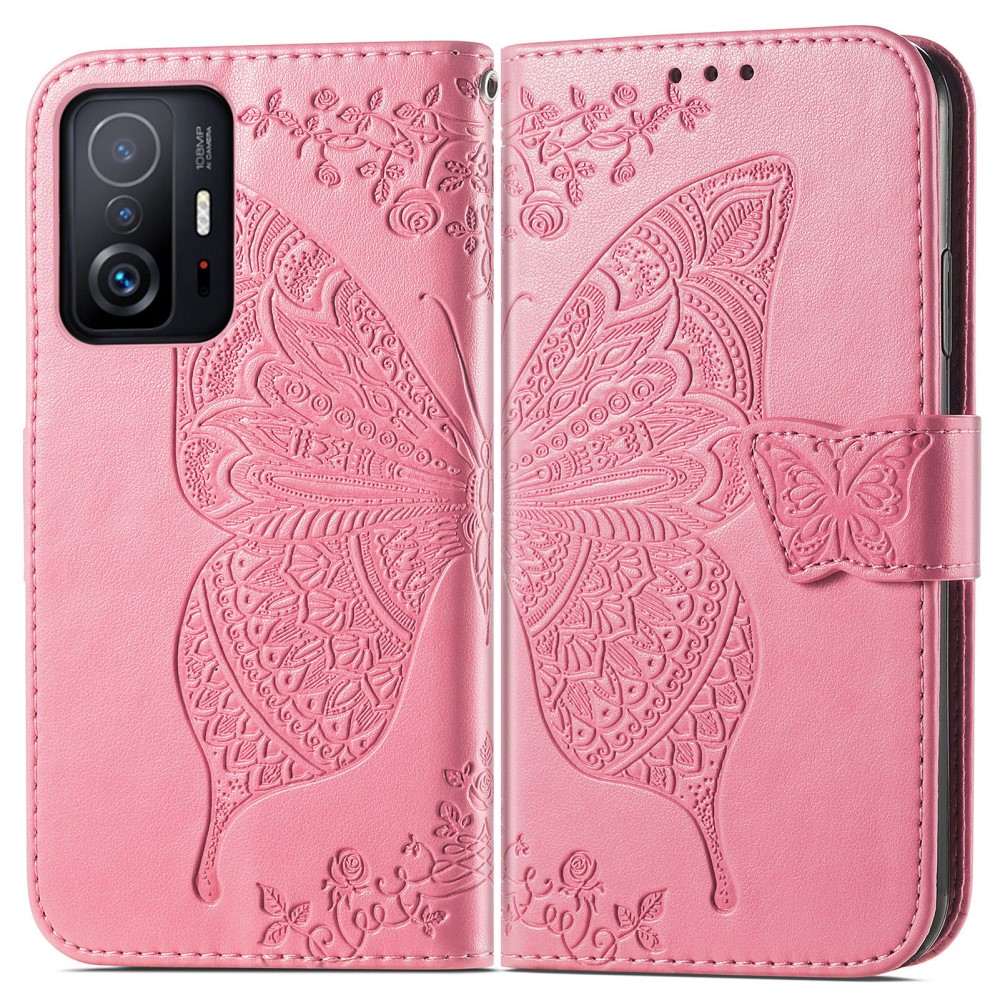  Xiaomi 11T / 11T Pro Fodral Läder Butterfly Rosa