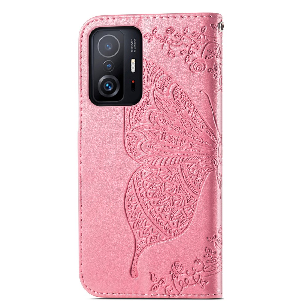  Xiaomi 11T / 11T Pro Fodral Läder Butterfly Rosa