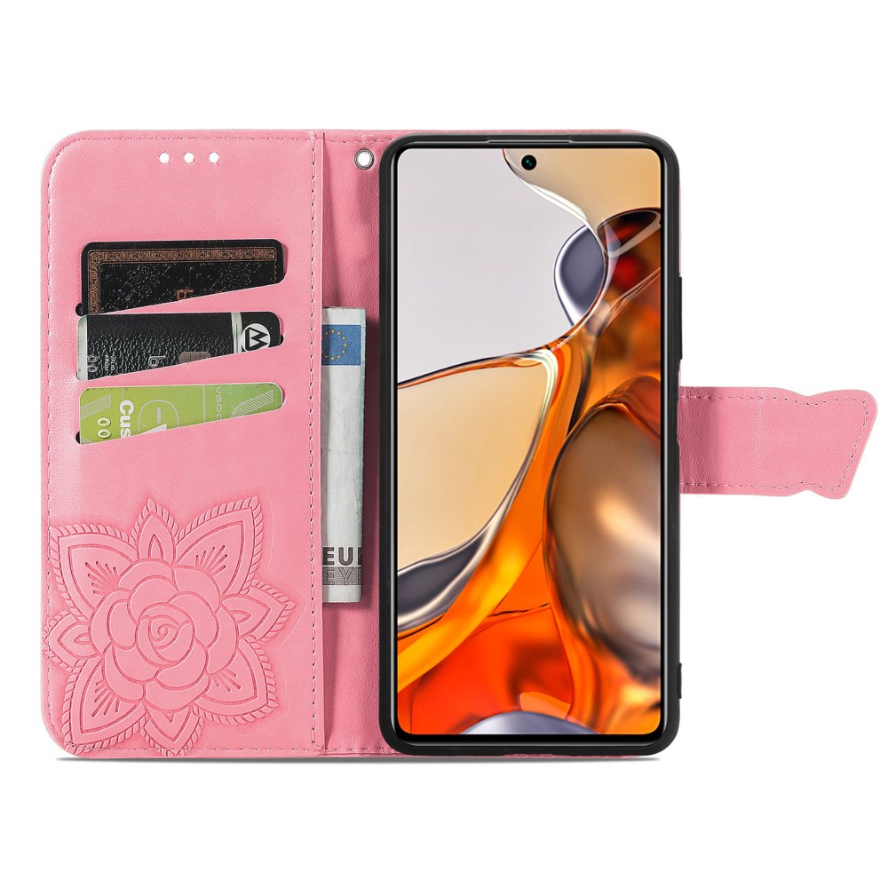  Xiaomi 11T / 11T Pro Fodral Läder Butterfly Rosa