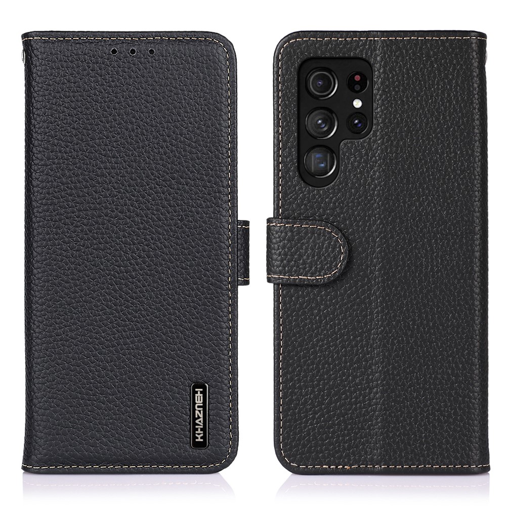KHAZNEH KHAZNEH Samsung Galaxy S22 Ultra Fodral Litchi Äkta Läder Svart