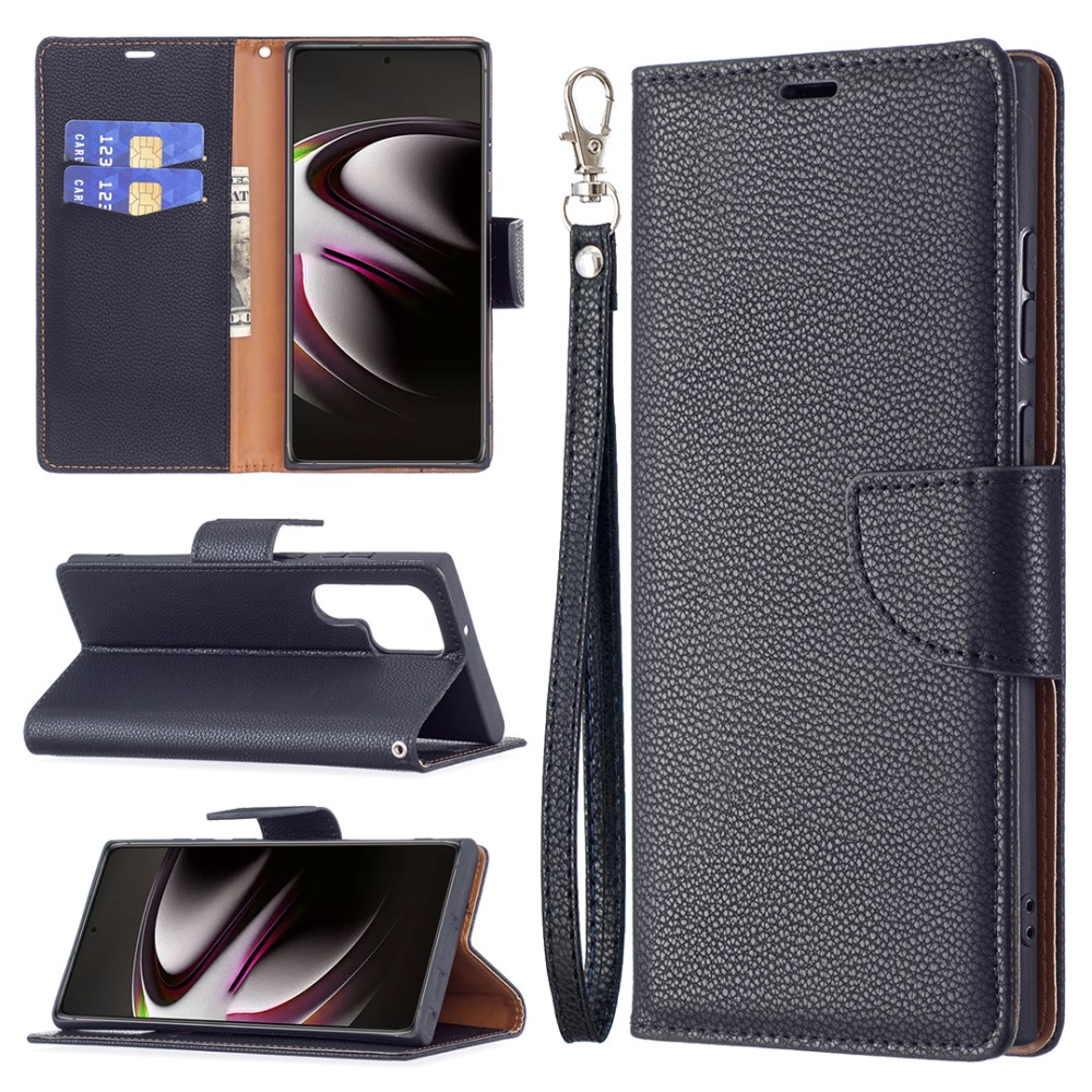  Samsung Galaxy S22 Ultra Fodral Litchi Textur Svart