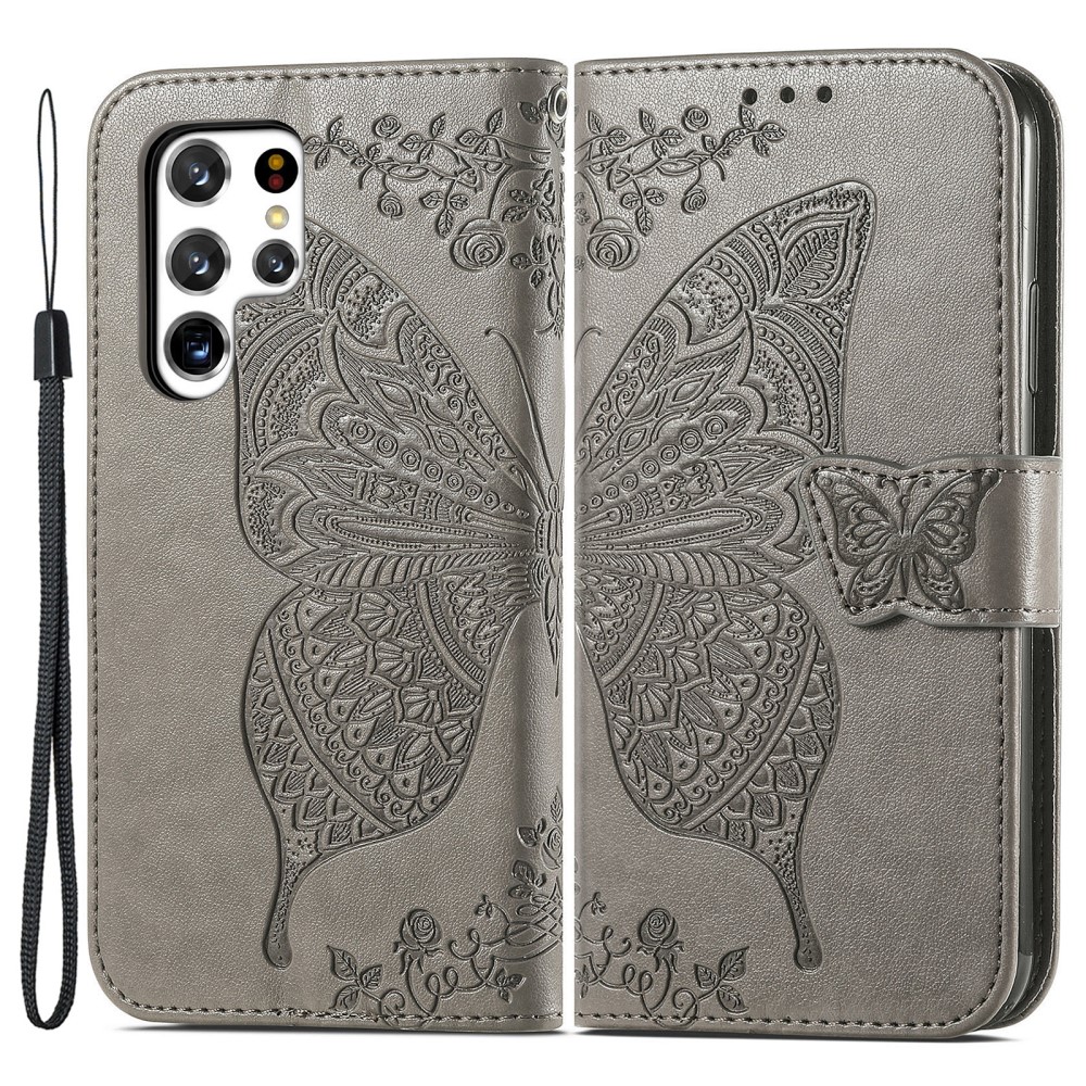  Samsung Galaxy S22 Ultra Fodral Tryckt Fjäril Grå