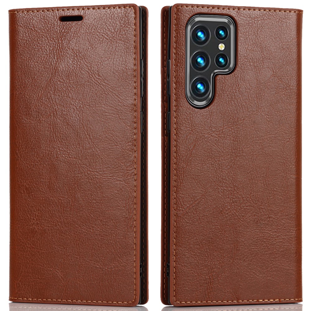  Samsung Galaxy S22 Ultra Fodral Flip Äkta Läder Brun