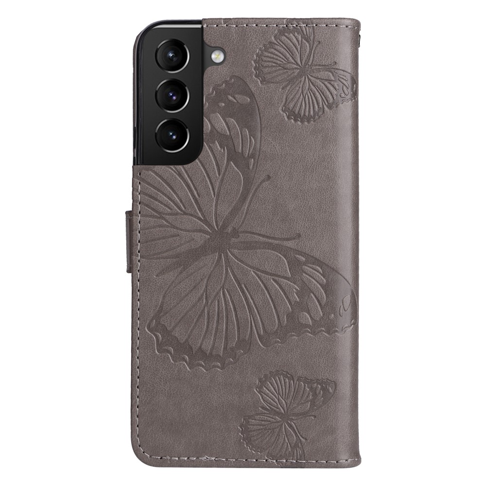  Samsung Galaxy S22 Plus Fodral Fjärilar Tryckt Läder Grå