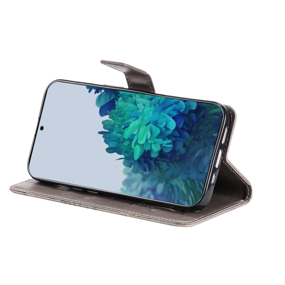  Samsung Galaxy S22 Plus Fodral Fjärilar Tryckt Läder Grå