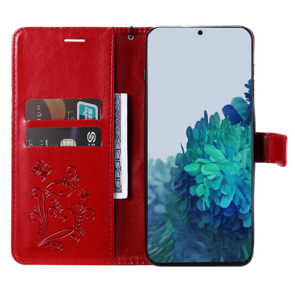 Samsung Galaxy S22 Plus Fodral Fjärilar Tryckt Läder Röd