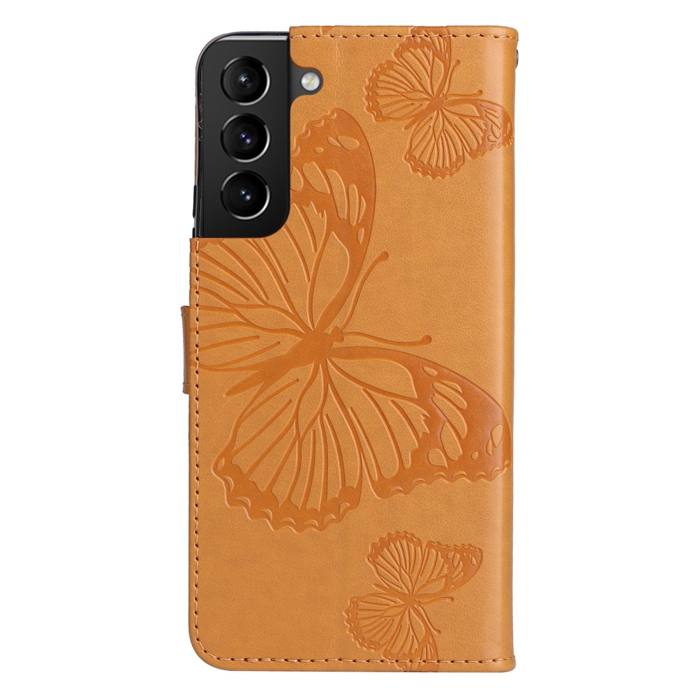  Samsung Galaxy S22 Plus Fodral Fjärilar Tryckt Läder Ljus Brun