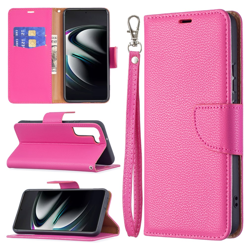  Samsung Galaxy S22 Plus Fodral Litchi Textur Läder Rosa