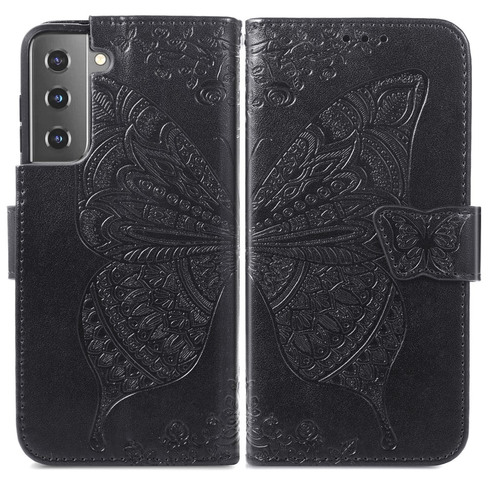  Samsung Galaxy S22 Plus Fodral Butterfly Tryckt Läder Svart