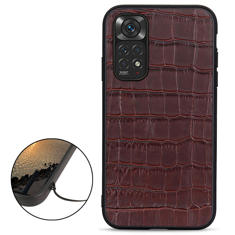 Xiaomi Redmi Note 11 4G Skal Äkta Läder Krokodil Textur Brun
