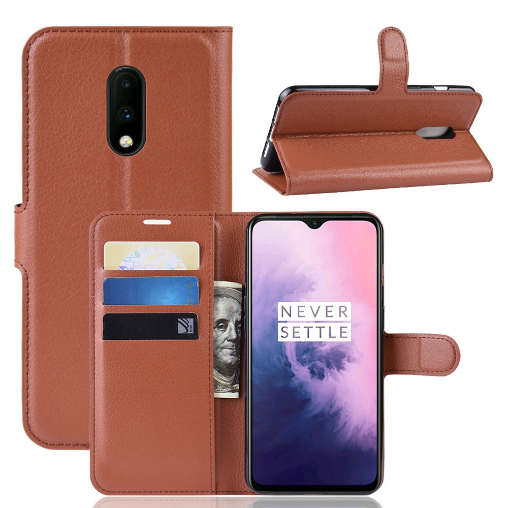  OnePlus 7 - Litchi Plånboksfodral - Brun