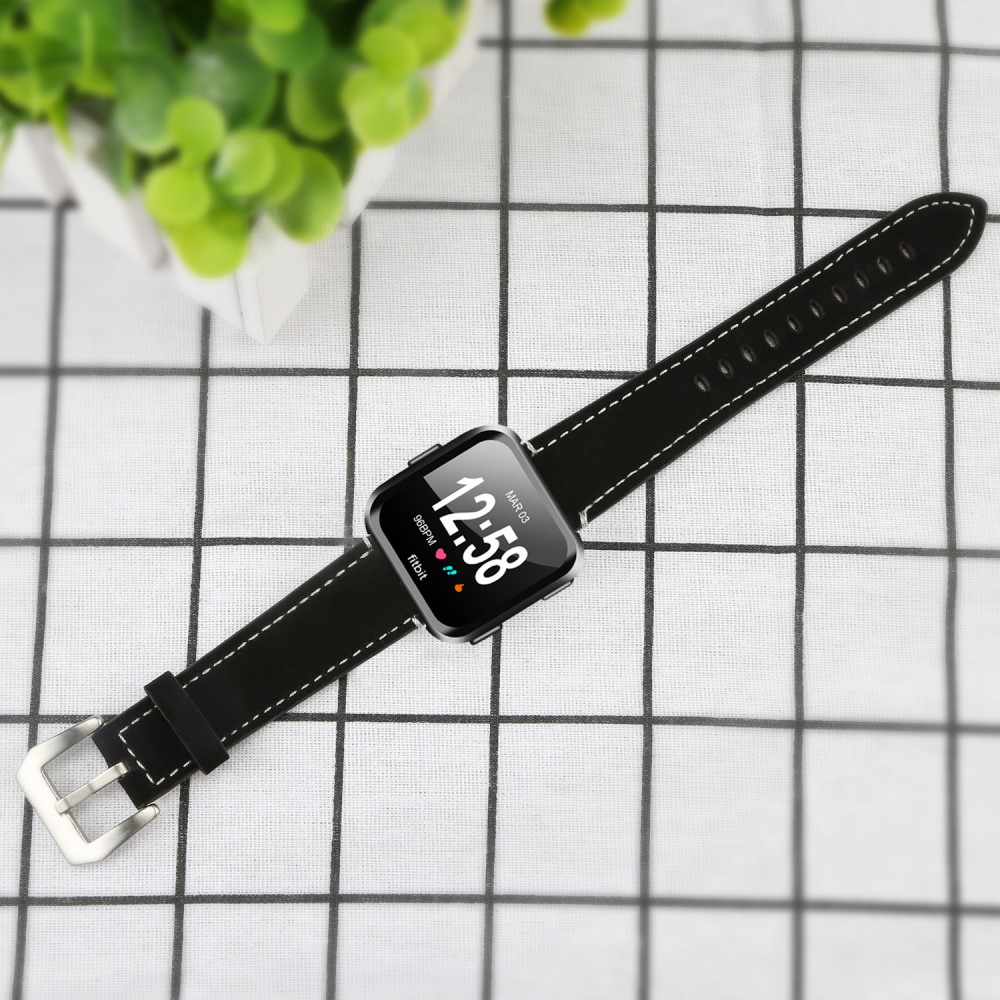  Äkta Läder Armband Fitbit Versa/Versa 2 - Svart