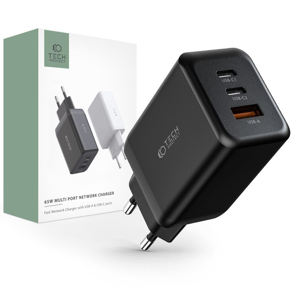 Tech-Protect Tech-Protect 65W PD/QC Väggladdare 2x USB-C 1x USB-A Svart