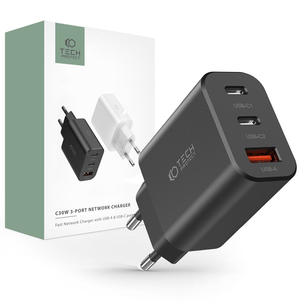 Tech-Protect Tech-Protect 30W PD/QC Väggladdare 2x USB-C 1x USB-A Svart
