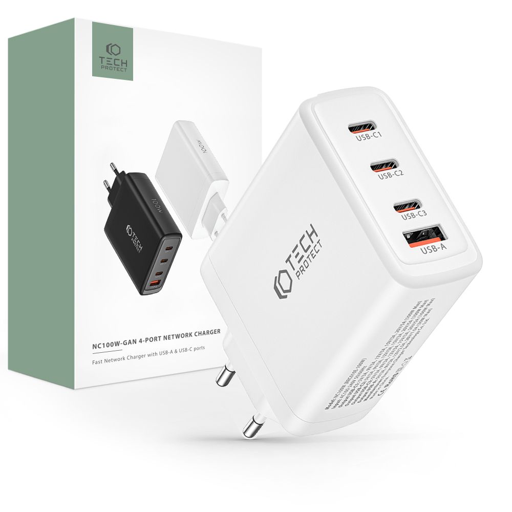 Tech-Protect Tech-Protect 100W GaN PD/QC Väggladdare 3x USB-C 1x USB-A Vit
