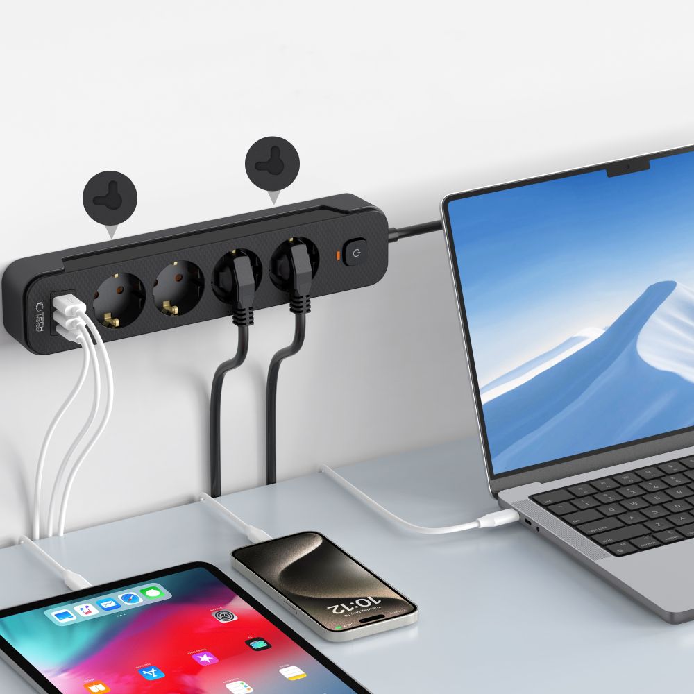 Tech-Protect Tech-Protect 2 m Förgreningsdosa Med USB-C/USB-A Svart