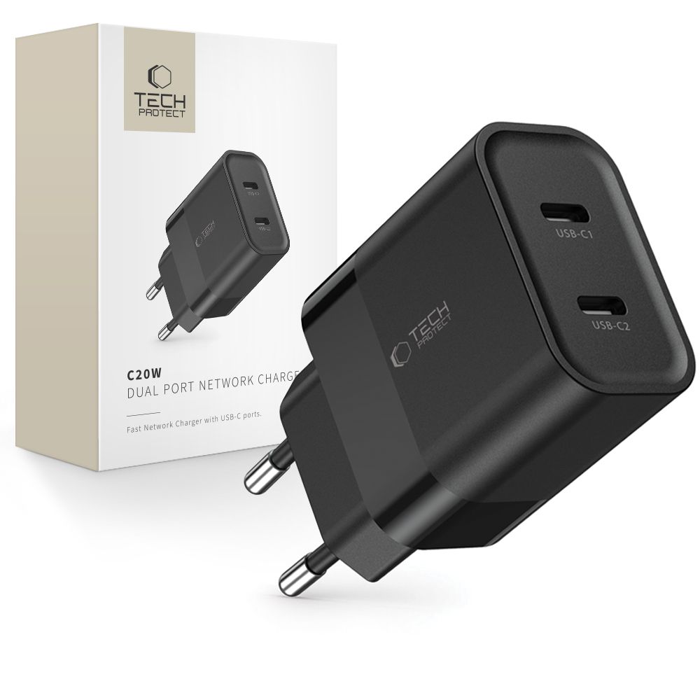 Tech-Protect Tech-Protect 20W PD 2x USB-C Väggladdare Svart