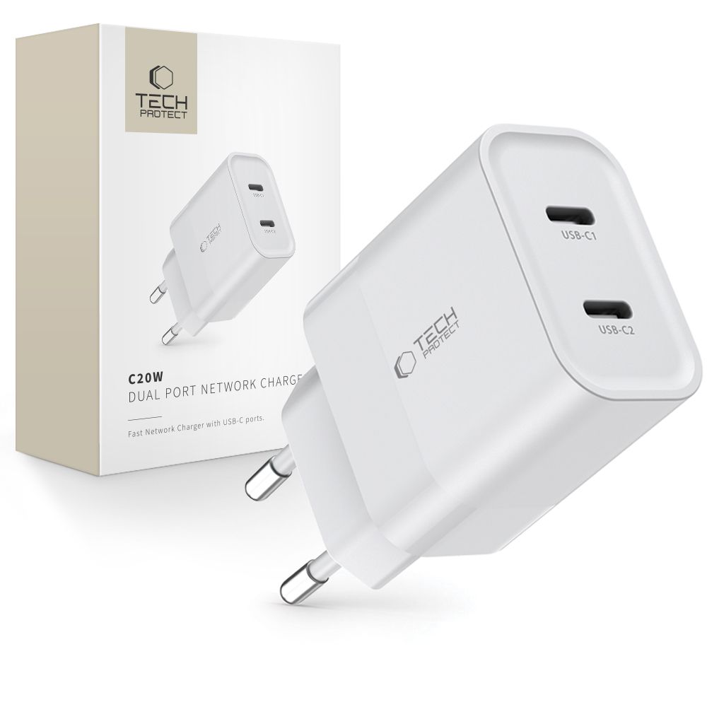 Tech-Protect Tech-Protect 20W PD 2x USB-C Väggladdare Vit