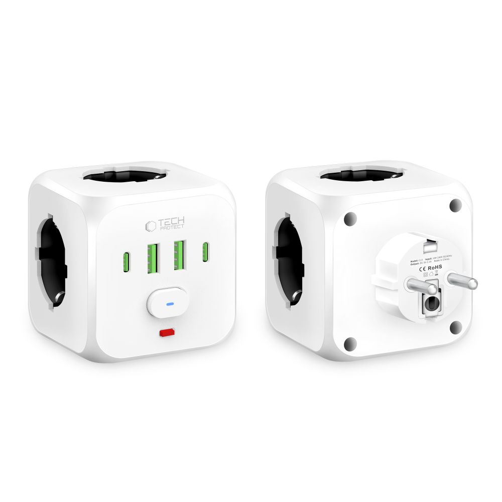 Tech-Protect Tech-Protect Grendosa Med 3x Eluttag 2x USB-C + 2x USB-A Vit