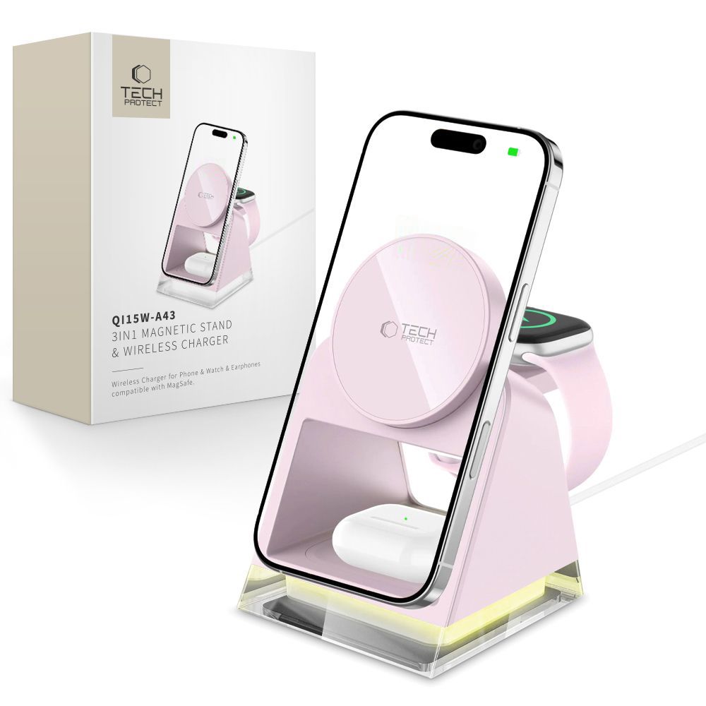 Tech-Protect Tech-Protect 3in1 15W Qi Magnetisk MagSafe Laddare Baby Pink