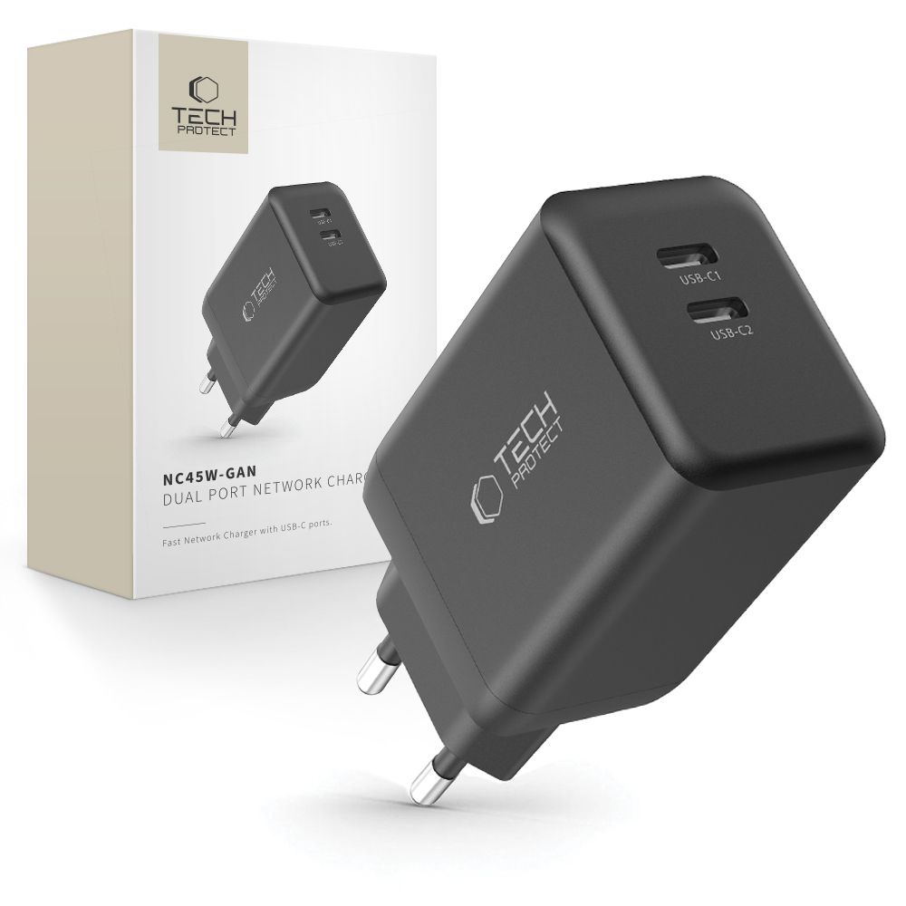 Tech-Protect Tech-Protect 45W PD 2x USB-C Väggladdare Svart