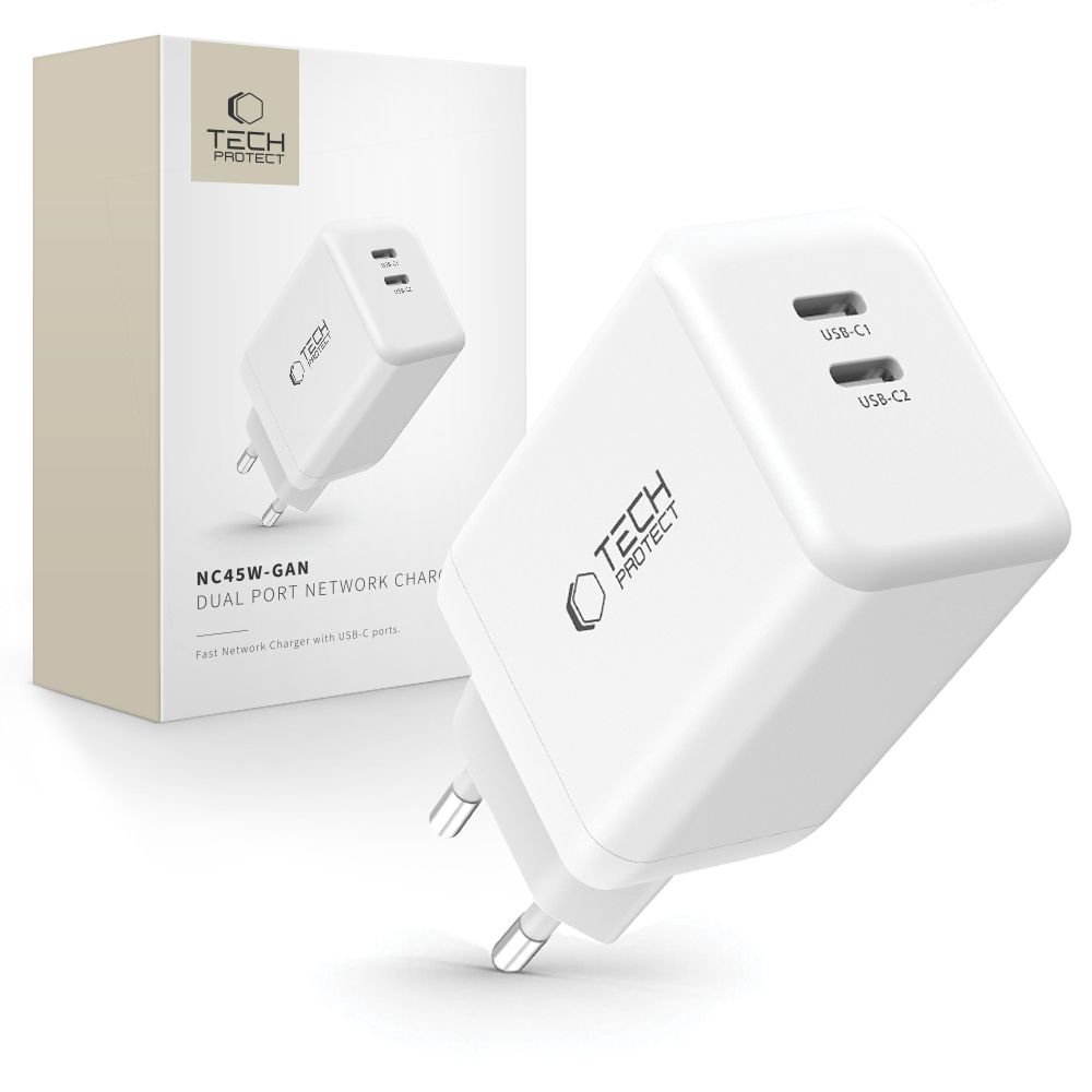 Tech-Protect Tech-Protect 45W PD 2x USB-C Väggladdare Vit