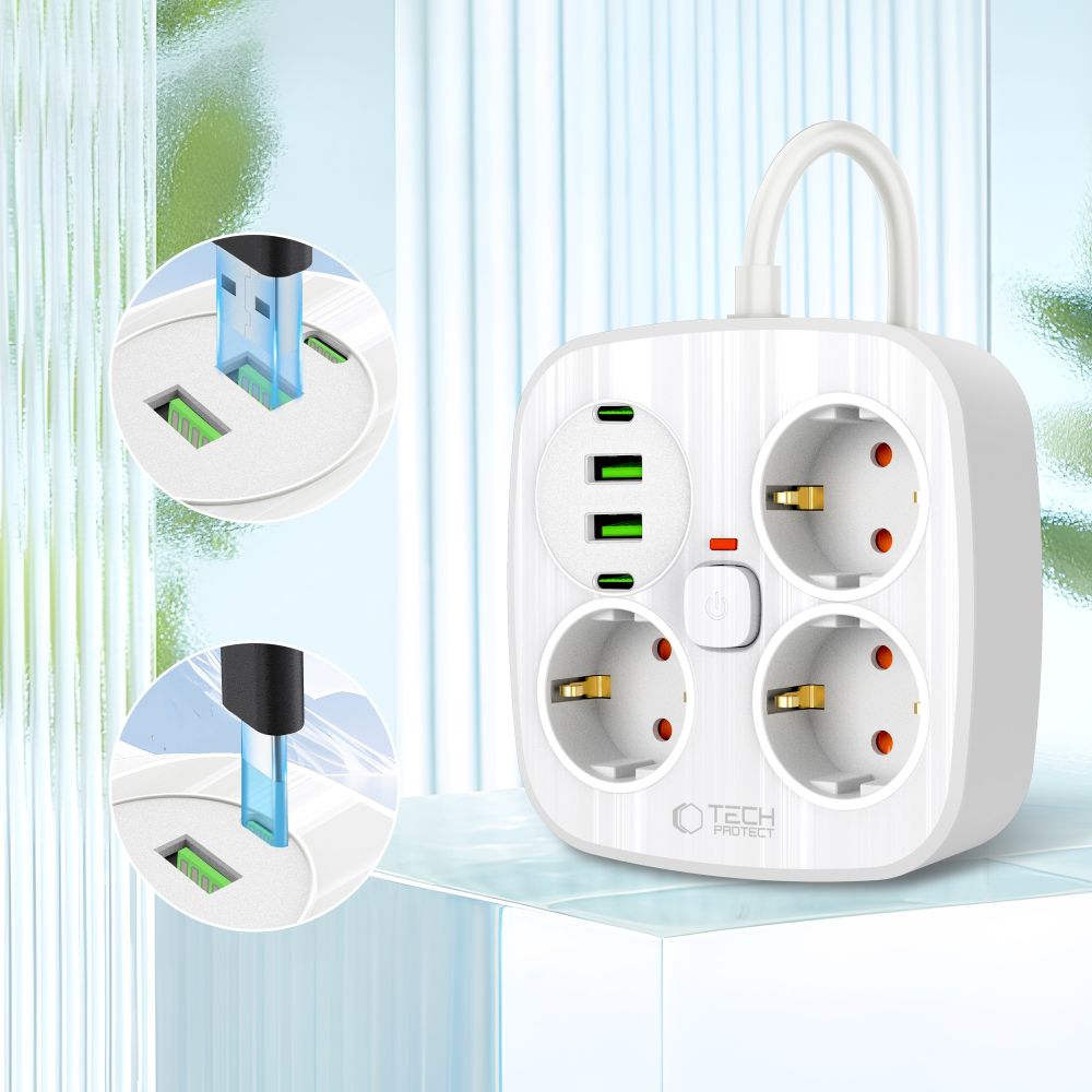 Tech-Protect Tech-Protect 2m Förgreningsdosa Med USB-C/USB-A Vit