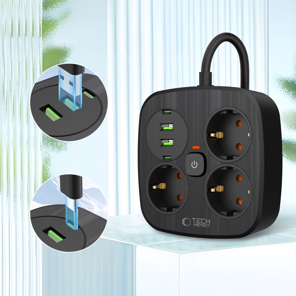 Tech-Protect Tech-Protect 2m Förgreningsdosa Med USB-C/USB-A Svart