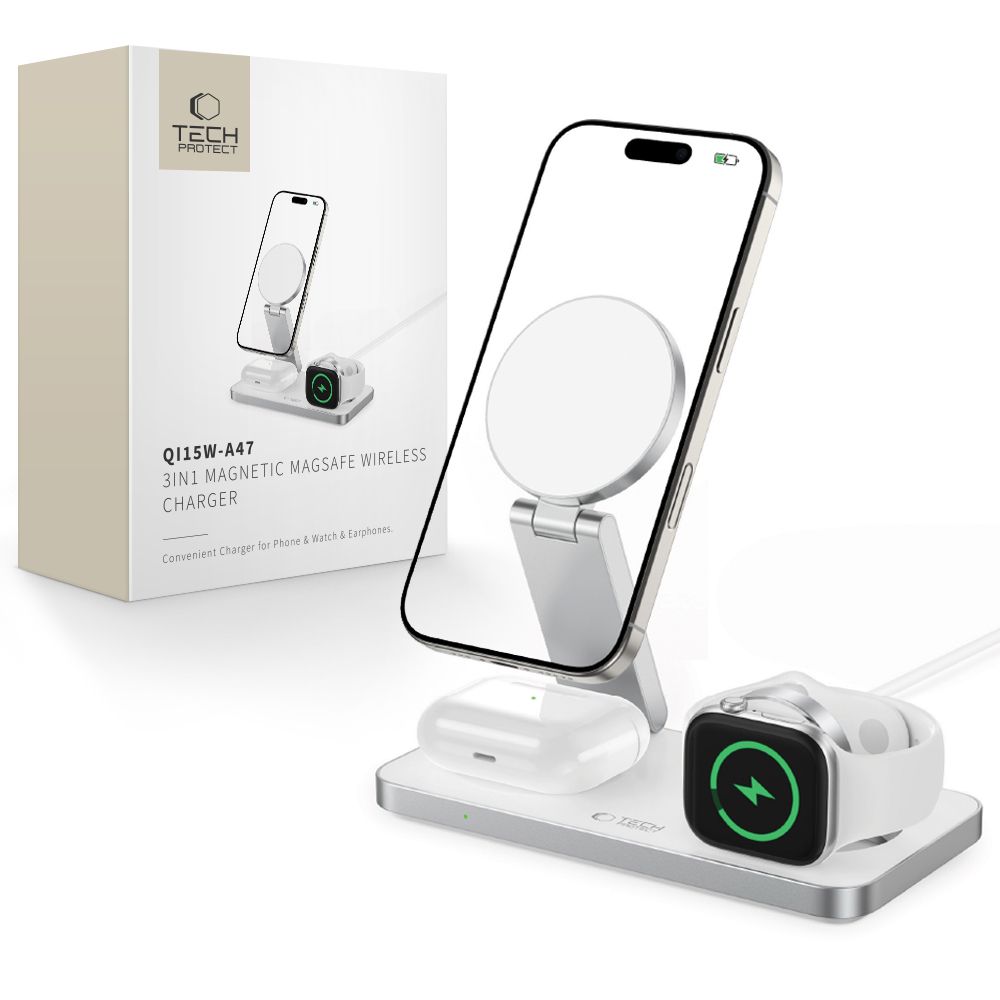 Tech-Protect Tech-Protect 15W Qi Trådlös 3in1 Magnetisk MagSafe Laddare Vit