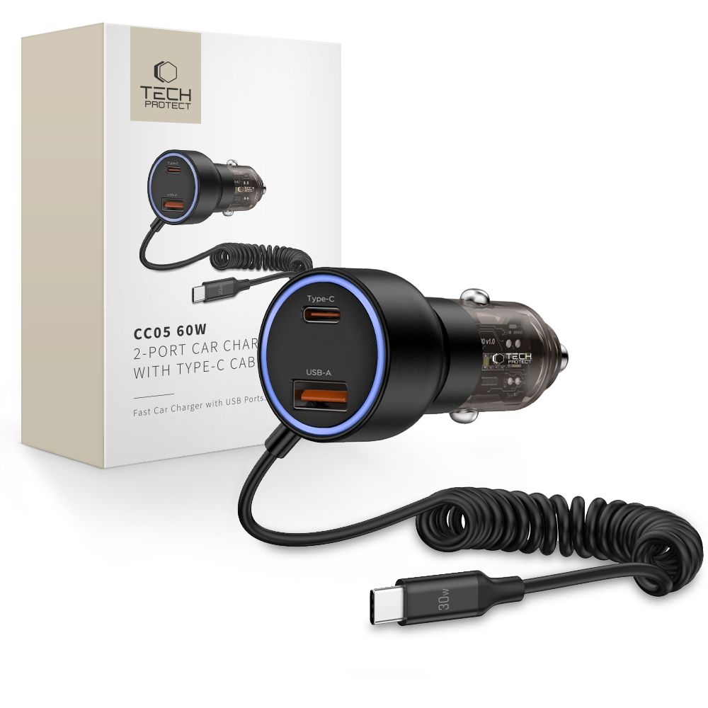 Tech-Protect Tech-Protect 60W PD USB-C/USB-A Billaddare Inkl. Kabel Svart