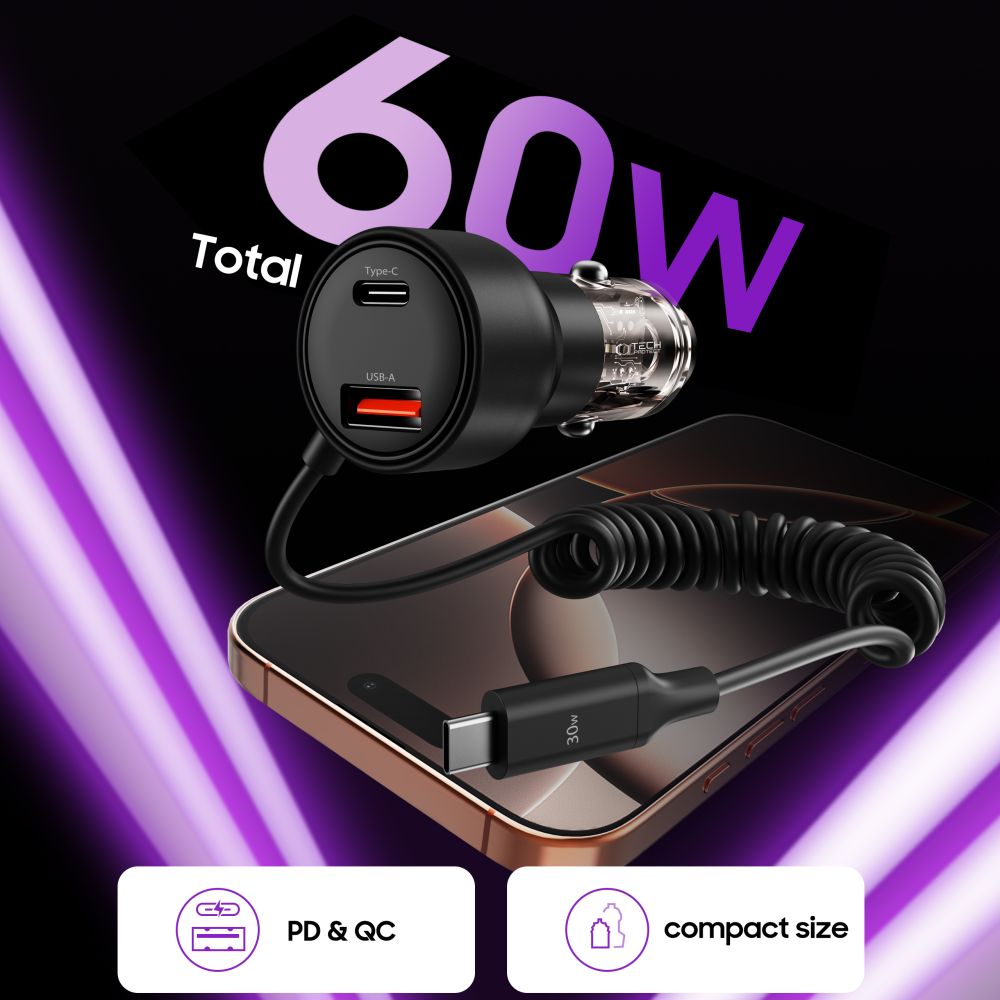 Tech-Protect Tech-Protect 60W PD USB-C/USB-A Billaddare Inkl. Kabel Svart