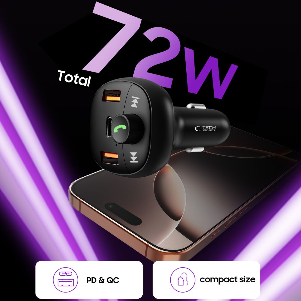 Tech-Protect Tech-Protect 72W PD USB-C / USB-A Billaddare Med Bluetooth FM Sändare