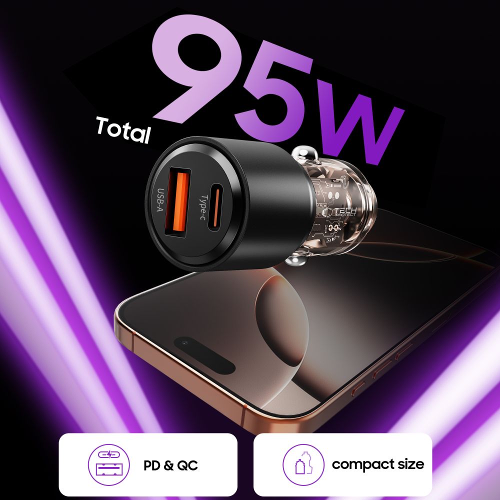 Tech-Protect Tech-Protect 95W PD QC Billaddare USB-C / USB-A Svart