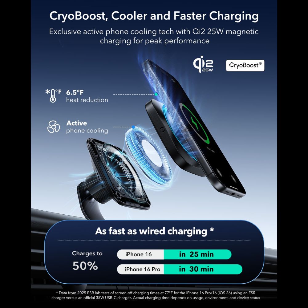 ESR ESR 25W Qi2.2 Magnetisk MagSafe Billaddare CryoBoost Svart