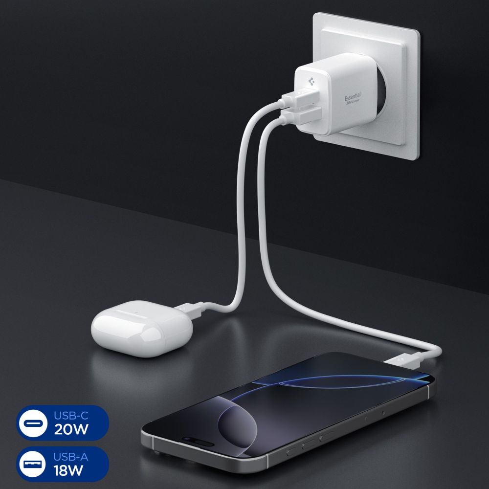 Spigen Spigen 20W Väggladdare USB-C / USB-A Essential Vit